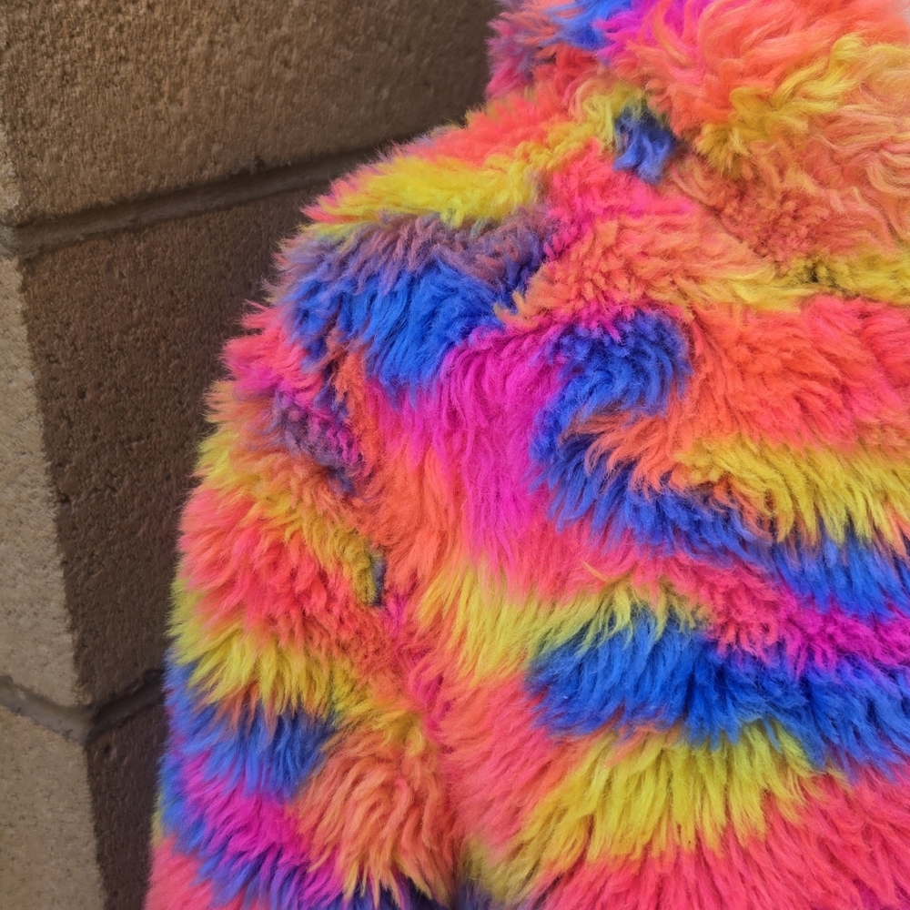 Hot & Delicious Vibrant Multicolor Faux Fur Zip Jacket - Neon Rainbow - Picture 2 of 9